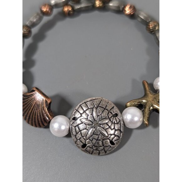 Mixed Metal Beachy Bracelet Sand Dollar Starfish Shell Flex Wire 7" Boho - Picture 2 of 8